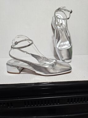 Zara Block Heel Ballerina Slingback Pumps Silver Metallic Square Toe Sz 40